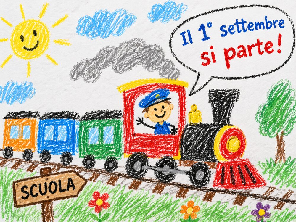 Disegno a pastello di un trenino diretto alla scuola, con il macchinista che saluta e la scritta "Il 1&deg; settembre si parte!"