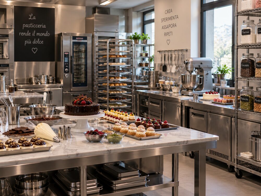 Il laboratorio di una pasticceria, con torte e pasticcini appena preparati sul banco di marmo, i carrelli di teglie e i barattoli degli ingredienti