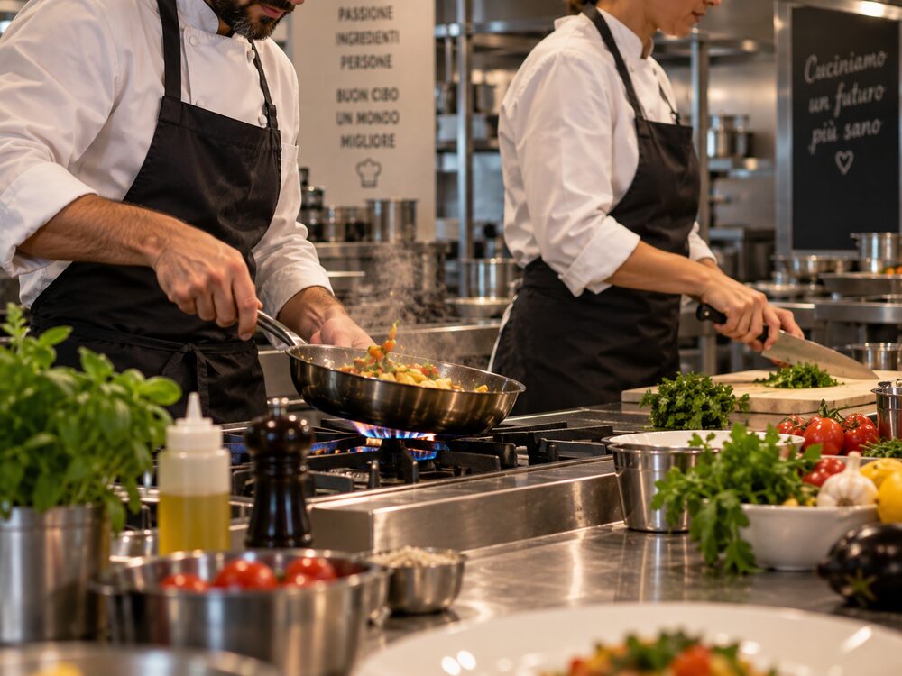 Due cuochi al lavoro in una cucina professionale: uno salta le verdure in padella sul fornello, l'altra trita il prezzemolo sul tagliere