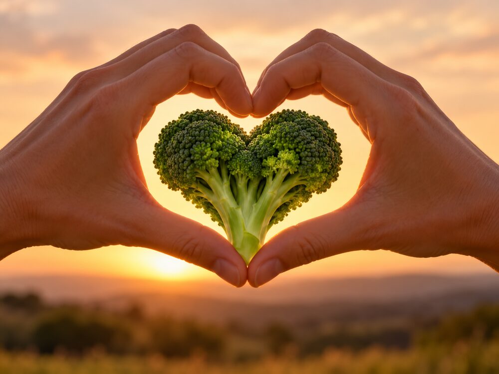 Due mani che formano un cuore attorno a un broccolo a forma di cuore, con la campagna al tramonto sullo sfondo