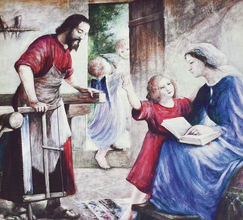 Dipinto della Sacra Famiglia: San Giuseppe al lavoro di falegname e la Madonna che legge con i bambini